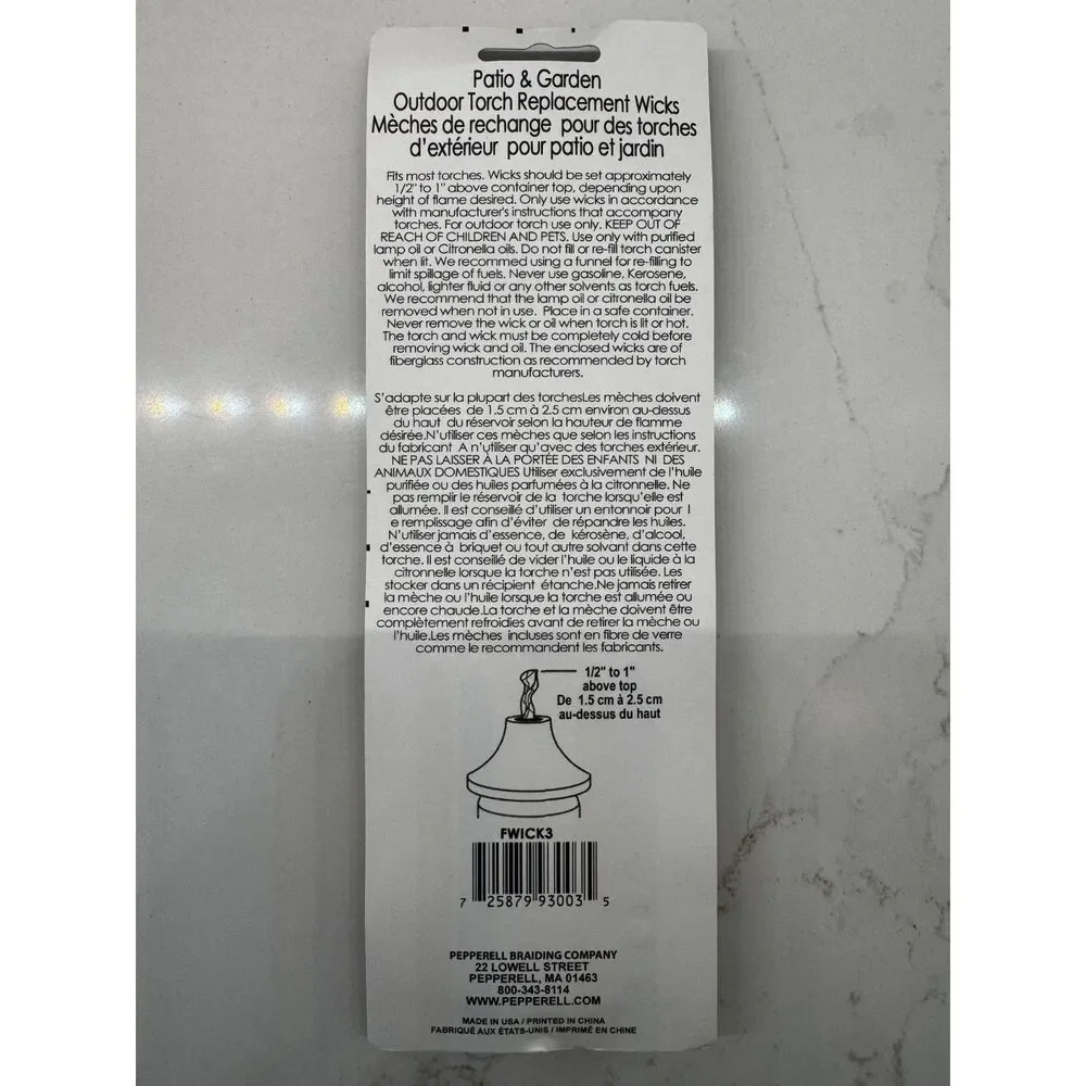 Pepperell Braiding Co. Outdoor Fiberglass Tiki Torch Replacement Wicks Set of 15